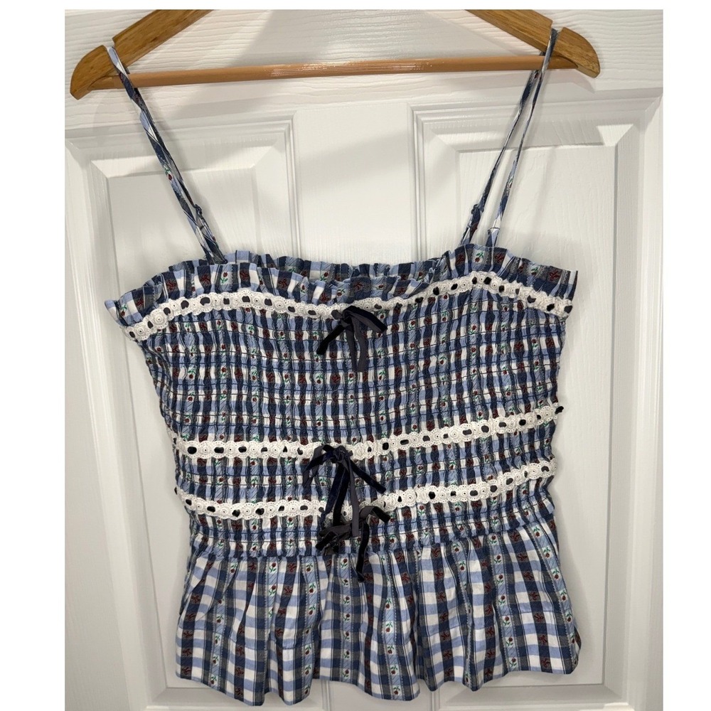 Damson Madder Blue Gingham Rose Smocked Ruffle Cami Top Size UK 16 / US 12 NWT - Picture 2 of 10